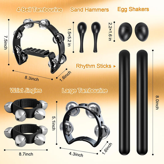 10 Pcs Instruments for Adults - Half Moon Tambourine, Wood Rhythm Sticks, Bells Tambourine, Wrist Bells, Egg Shakers, a Pair Maracas