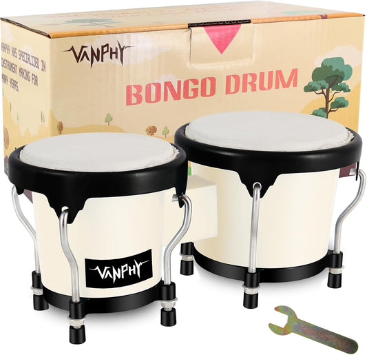 Bongo Drum 4'' and 5'' Set for Adults Beginners Tunable Natural Skin 4”+5” white