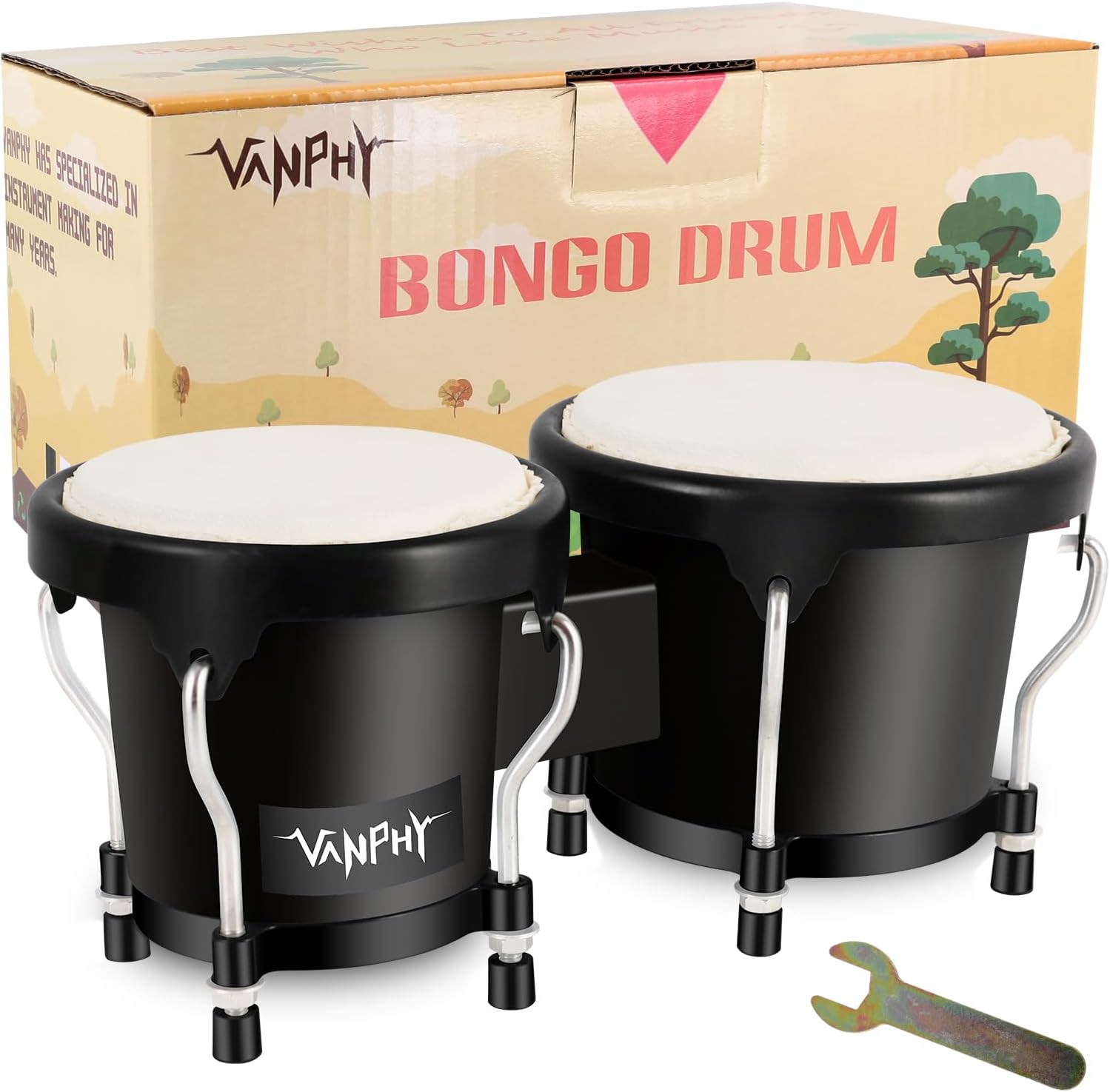 Bongo Drum 4'' and 5'' Set for Adults Beginners Tunable Natural Skin 4”+5” black