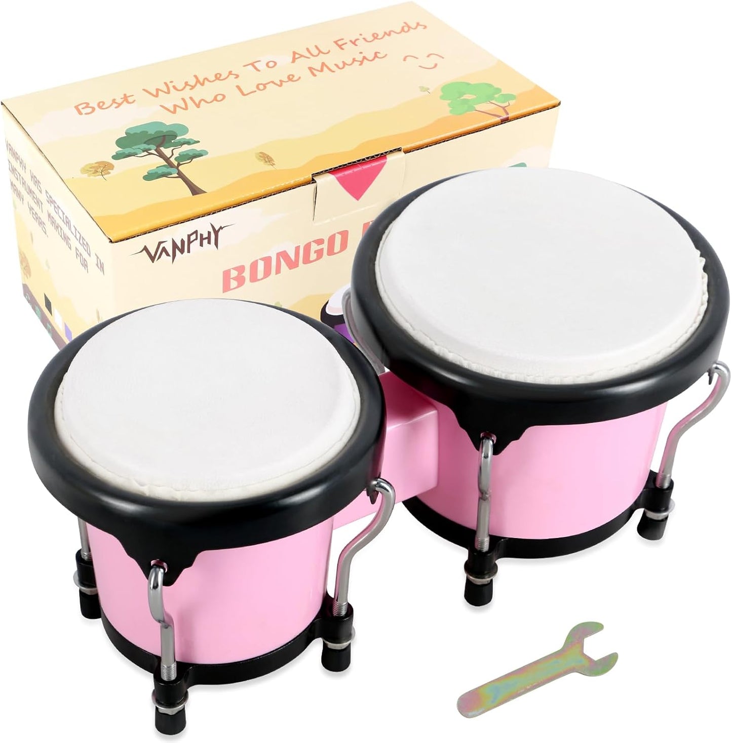 Bongo Drum 4'' and 5'' Set for Adults Beginners Tunable Natural Skin 4”+5” pink