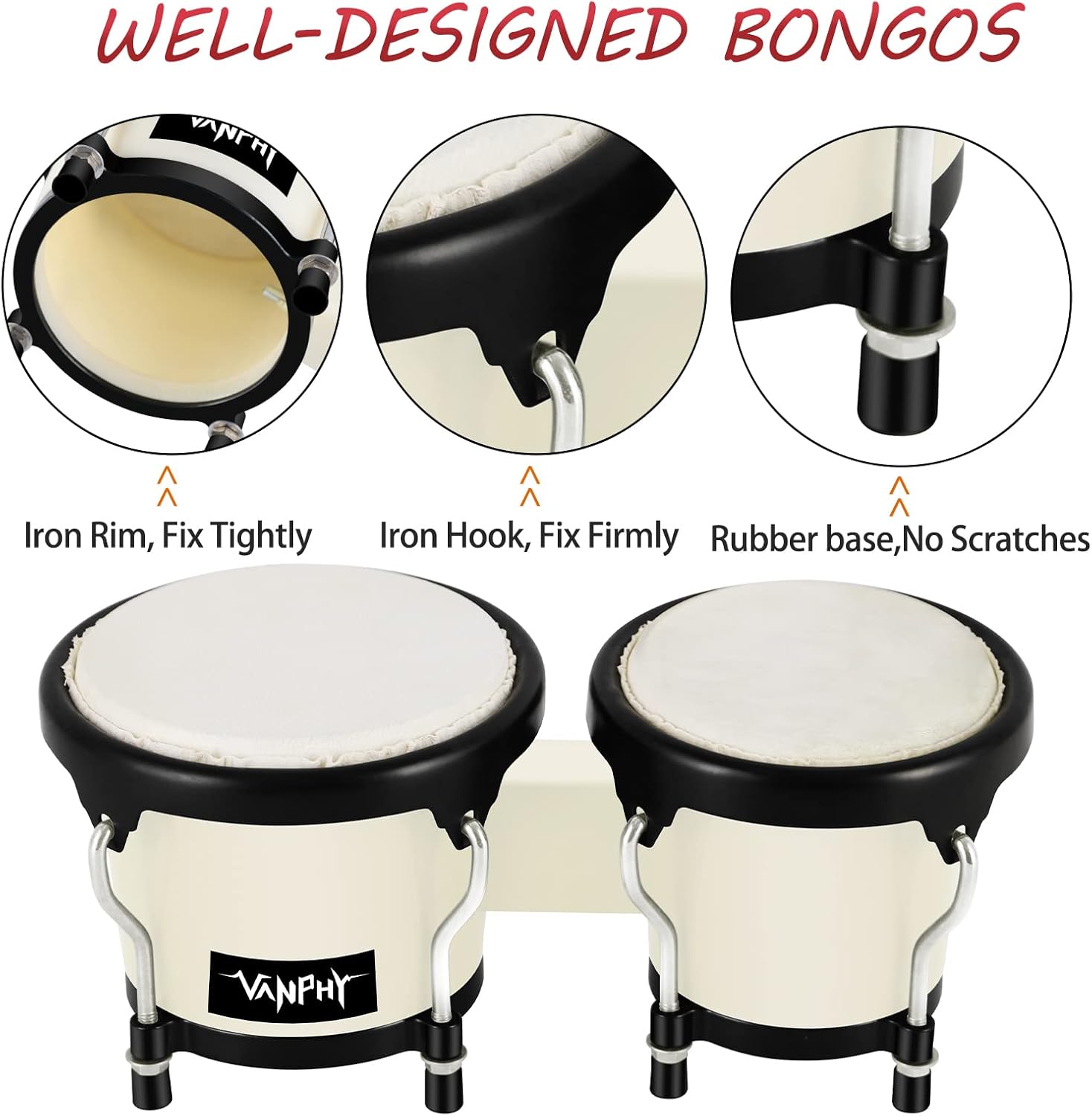 Bongo Drum 4'' and 5'' Set for Adults Beginners Tunable Natural Skin