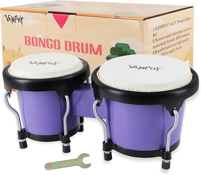 Bongo Drum 4'' and 5'' Set for Adults Beginners Tunable Natural Skin 4”+5” purple