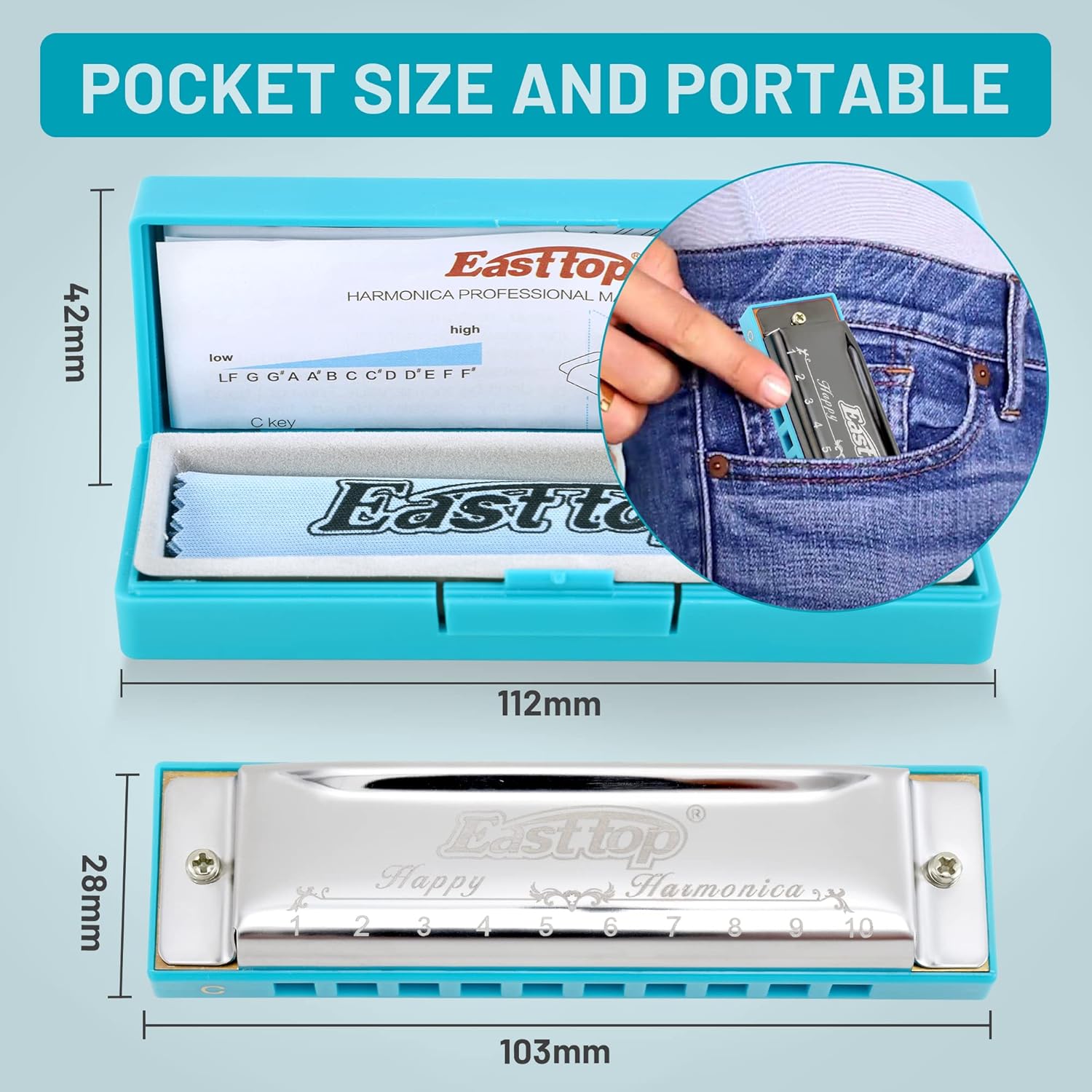 East top Harmonica, Diatonic 10 Holes C Key, Blues, for Beginner, Kids, Children and Students