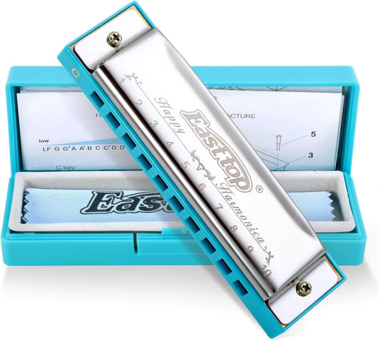 East top Harmonica, Diatonic 10 Holes C Key, Blues, for Beginner, Kids, Children and Students blue-silver