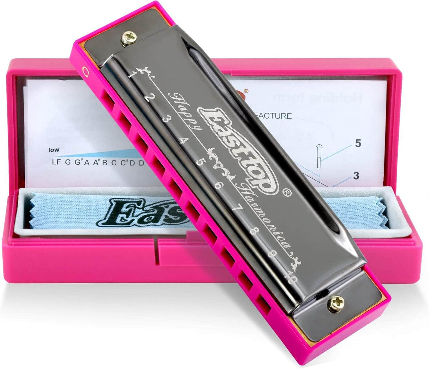 East top Harmonica, Diatonic 10 Holes C Key, Blues, for Beginner, Kids, Children and Students pink-grey