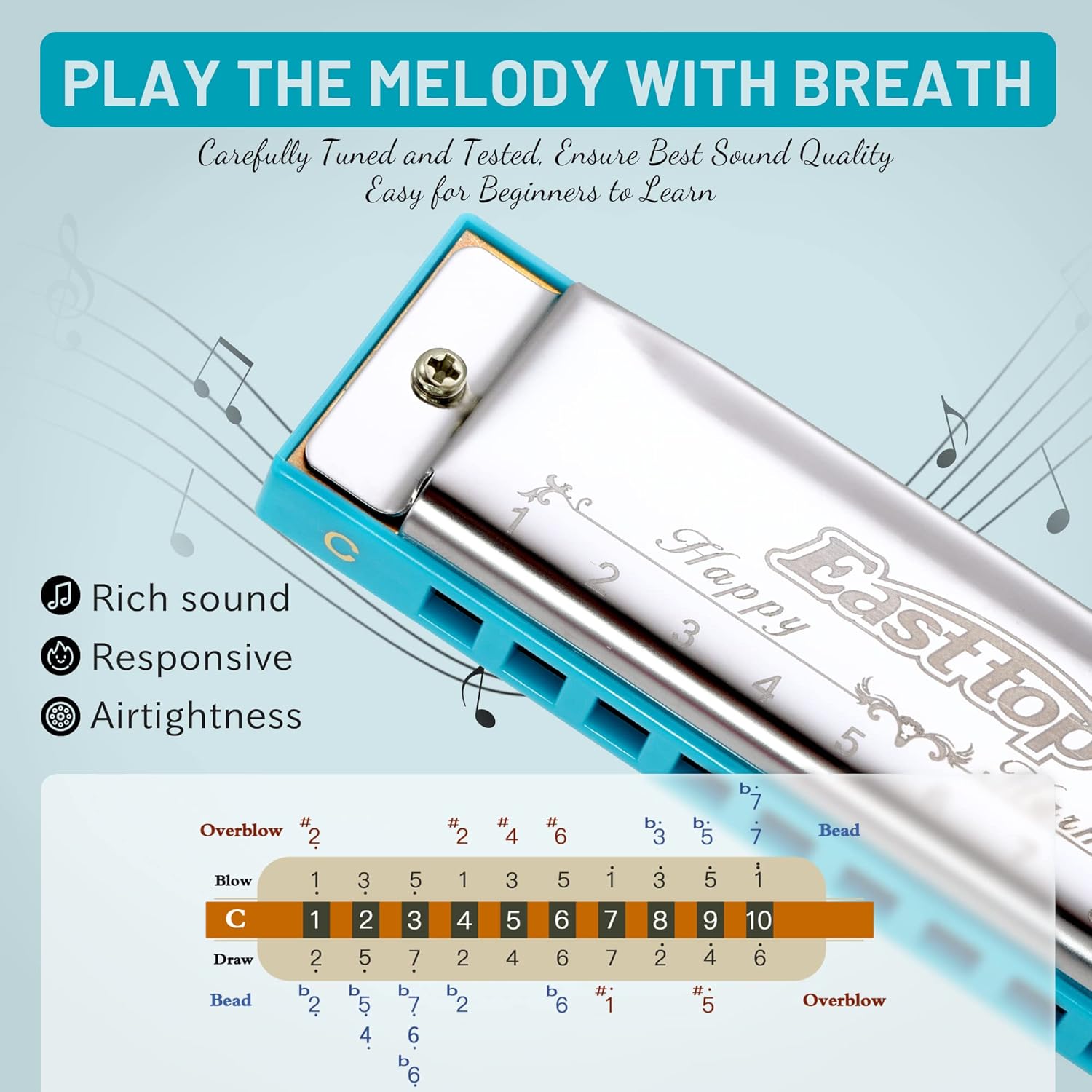 East top Harmonica, Diatonic 10 Holes C Key, Blues, for Beginner, Kids, Children and Students