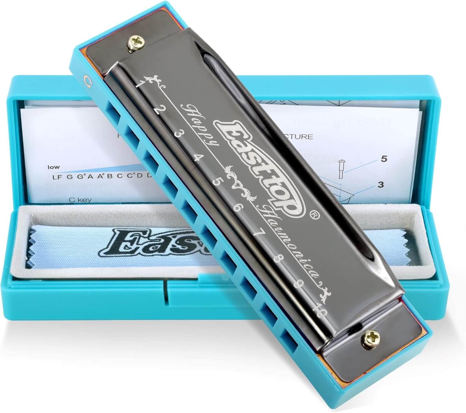 East top Harmonica, Diatonic 10 Holes C Key, Blues, for Beginner, Kids, Children and Students blue-grey