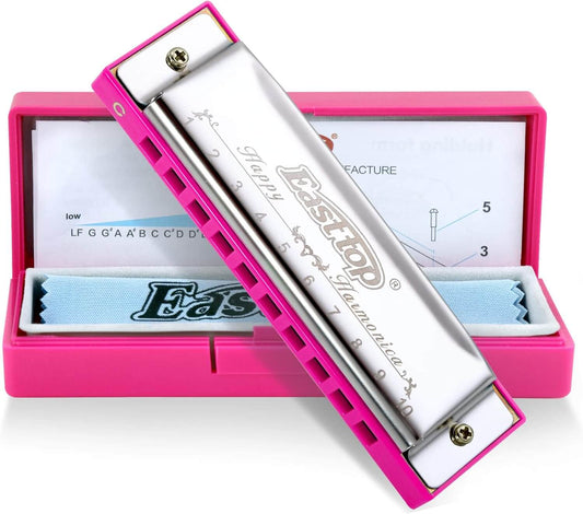 East top Harmonica, Diatonic 10 Holes C Key, Blues, for Beginner, Kids, Children and Students pink-silver