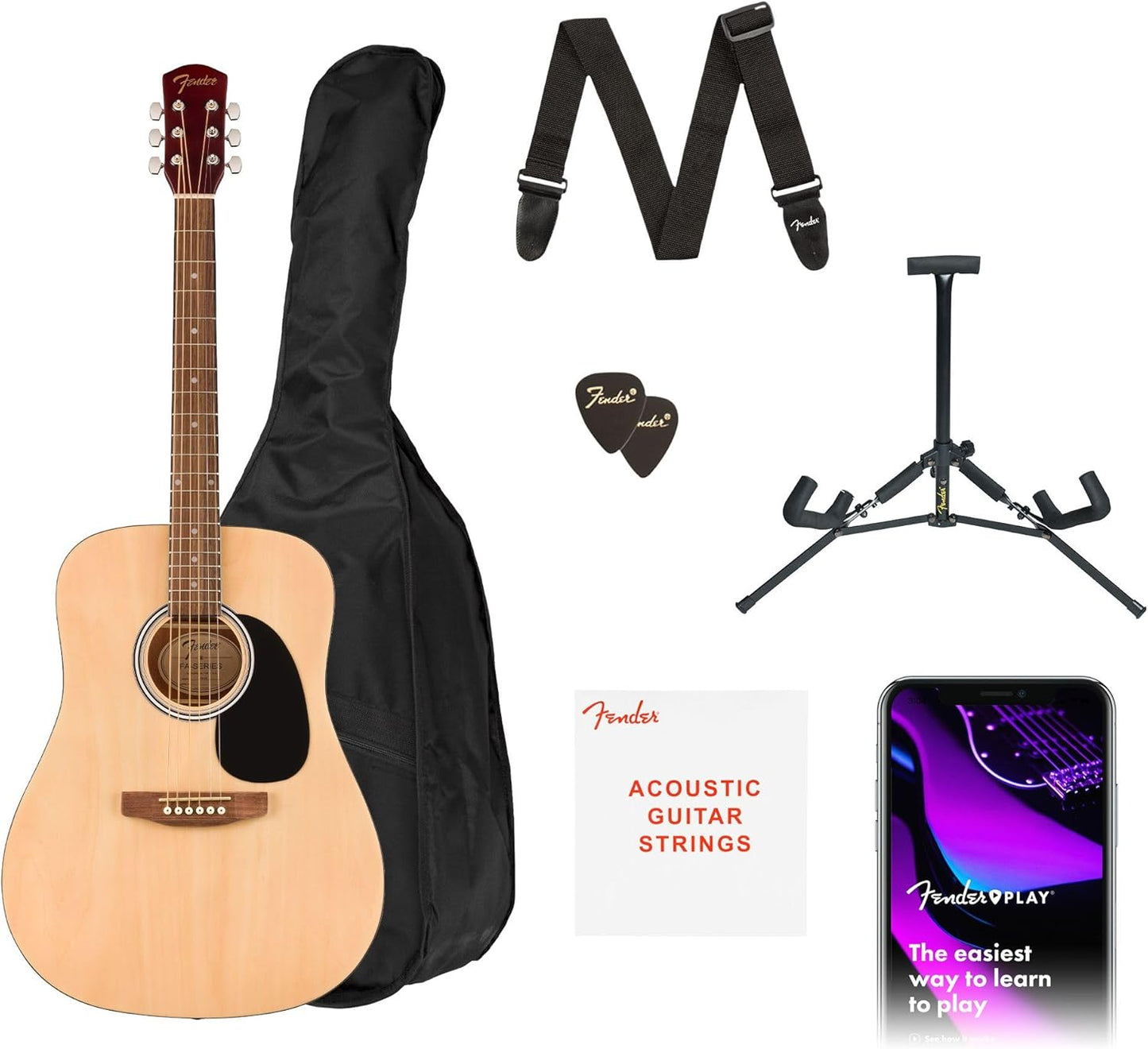 Fender FA-25 Dreadnought Acoustic Guitar, Beginner Guitar Pack