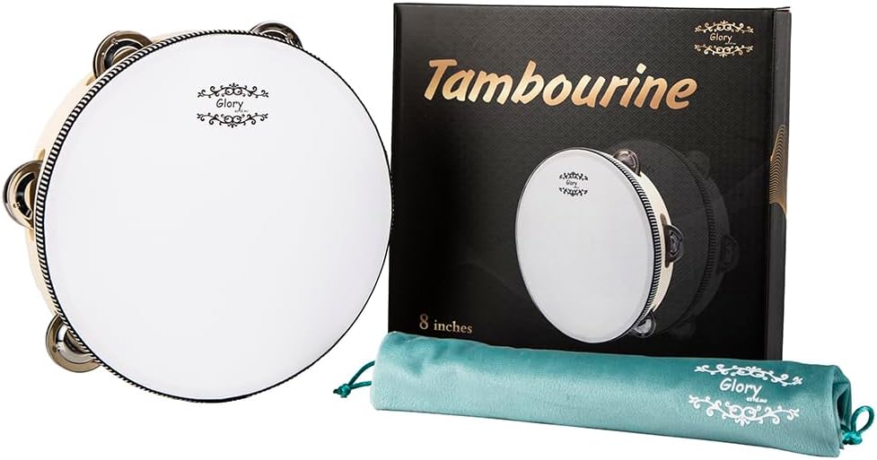 Glory Hand Held Tambourine Drum 8 inch Bell Birch Metal Jingles