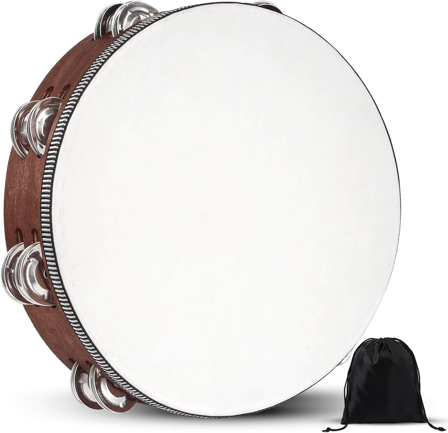 Wooden Hand Held Percussion Tambourine with Storage Bag