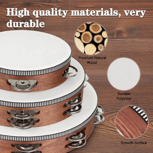 Wooden Hand Held Percussion Tambourine with Storage Bag