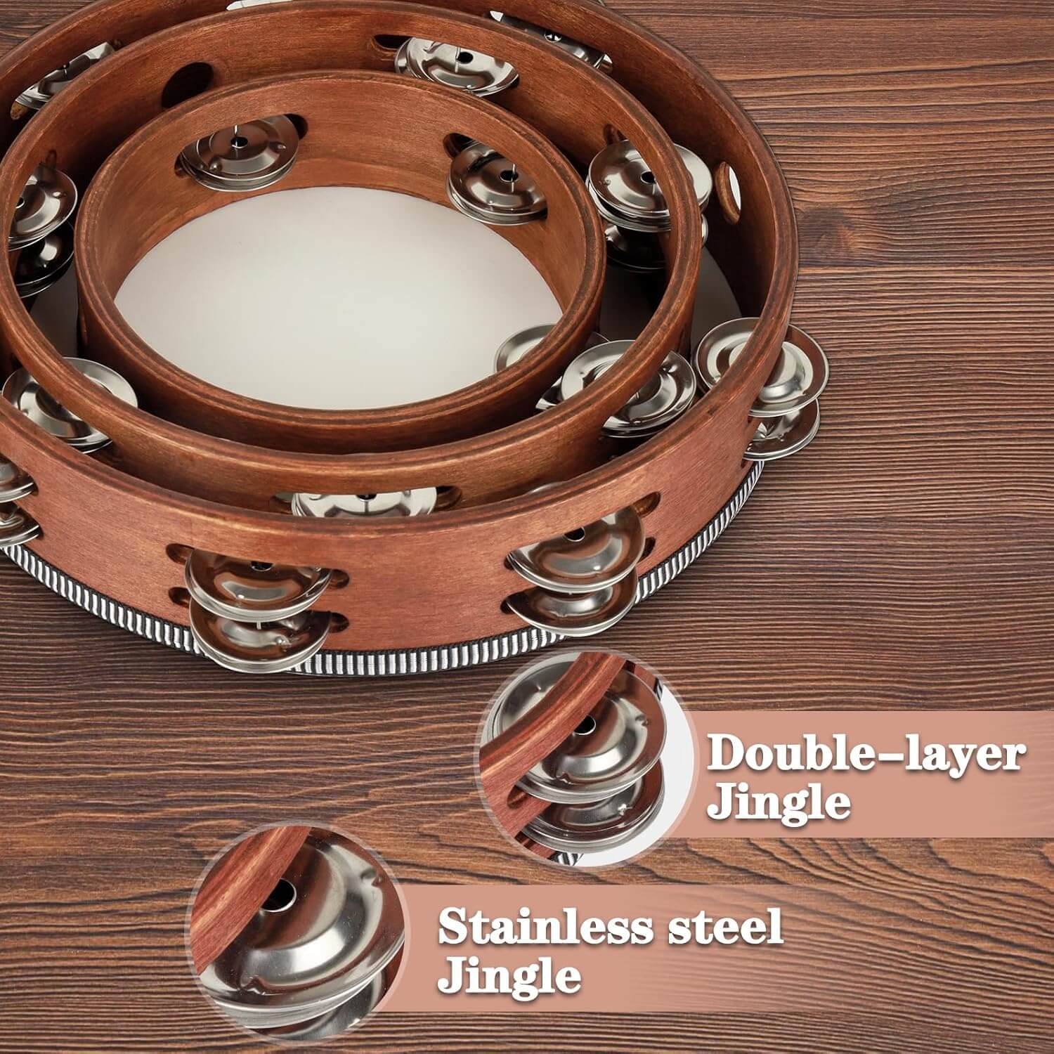Wooden Hand Held Percussion Tambourine with Storage Bag