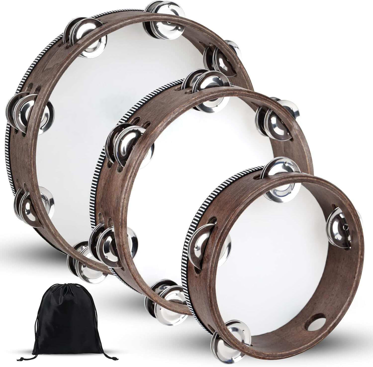 Wooden Hand Held Percussion Tambourine with Storage Bag