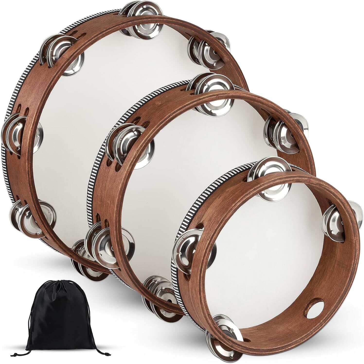 Wooden Hand Held Percussion Tambourine with Storage Bag