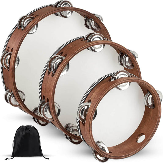 Wooden Hand Held Percussion Tambourine with Storage Bag