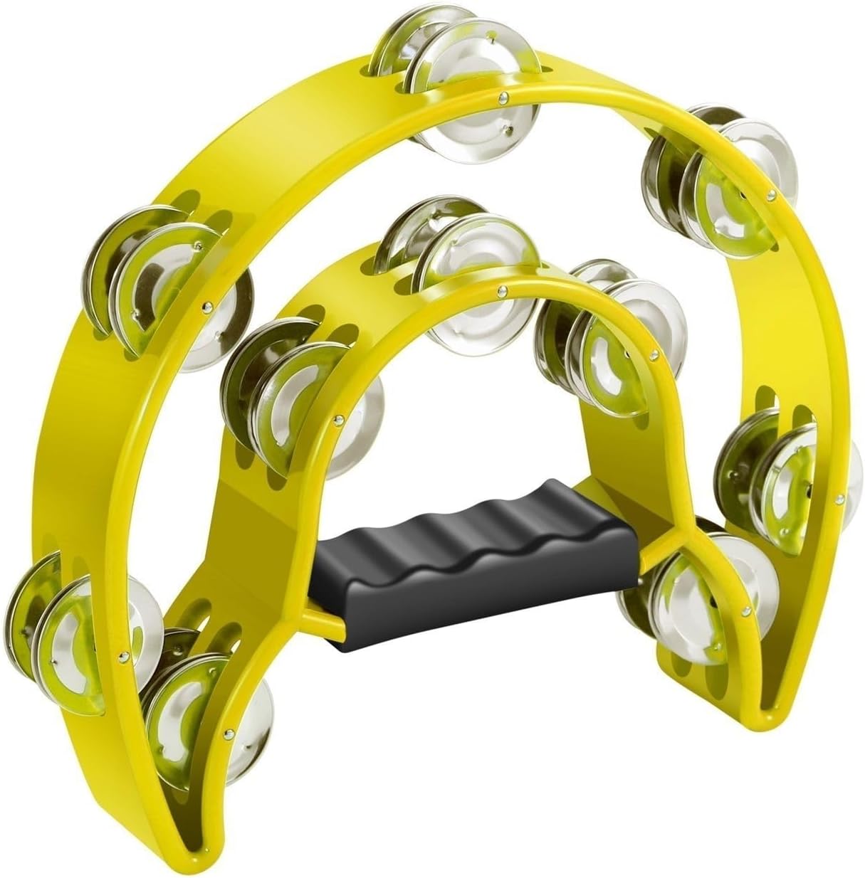 Flexzion Tambourine Metal Half Moon Musical Instruments Double Row Metal Jingles Hand Held Instruments Percussion with Ergonomic Handle Grip, Tambourines for Adults Church, Red Yellow