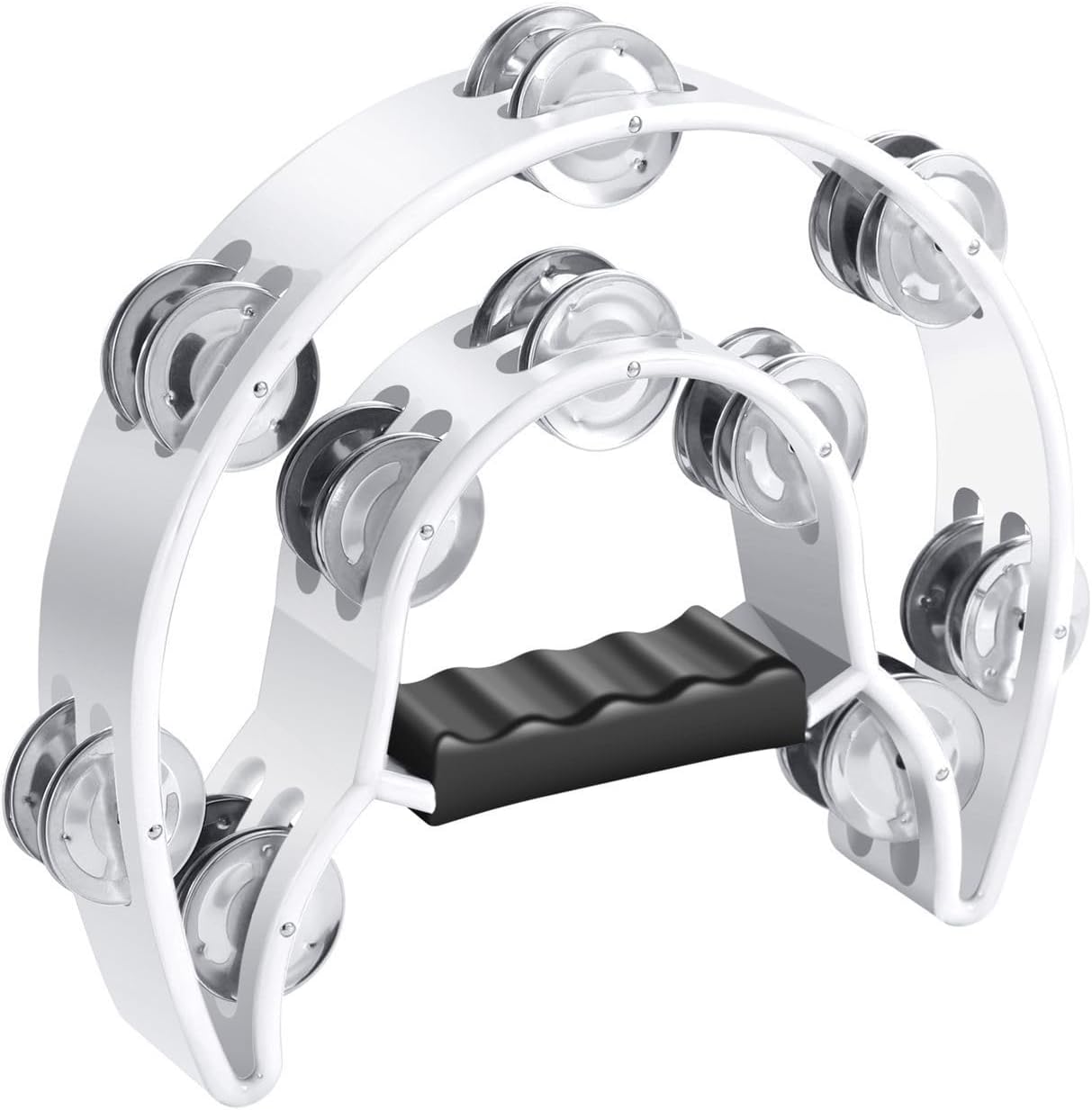 Flexzion Tambourine Metal Half Moon Musical Instruments Double Row Metal Jingles Hand Held Instruments Percussion with Ergonomic Handle Grip, Tambourines for Adults Church, Red White