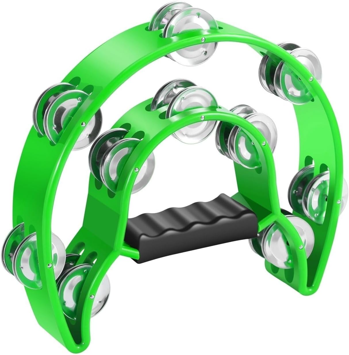 Flexzion Tambourine Metal Half Moon Musical Instruments Double Row Metal Jingles Hand Held Instruments Percussion with Ergonomic Handle Grip, Tambourines for Adults Church, Red Green