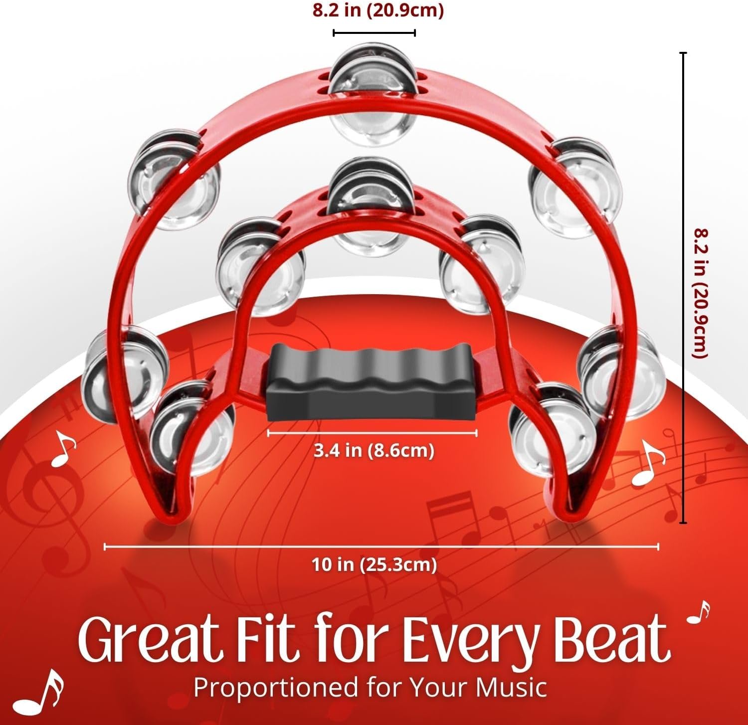 Flexzion Tambourine Metal Half Moon Musical Instruments Double Row Metal Jingles Hand Held Instruments Percussion with Ergonomic Handle Grip, Tambourines for Adults Church, Red