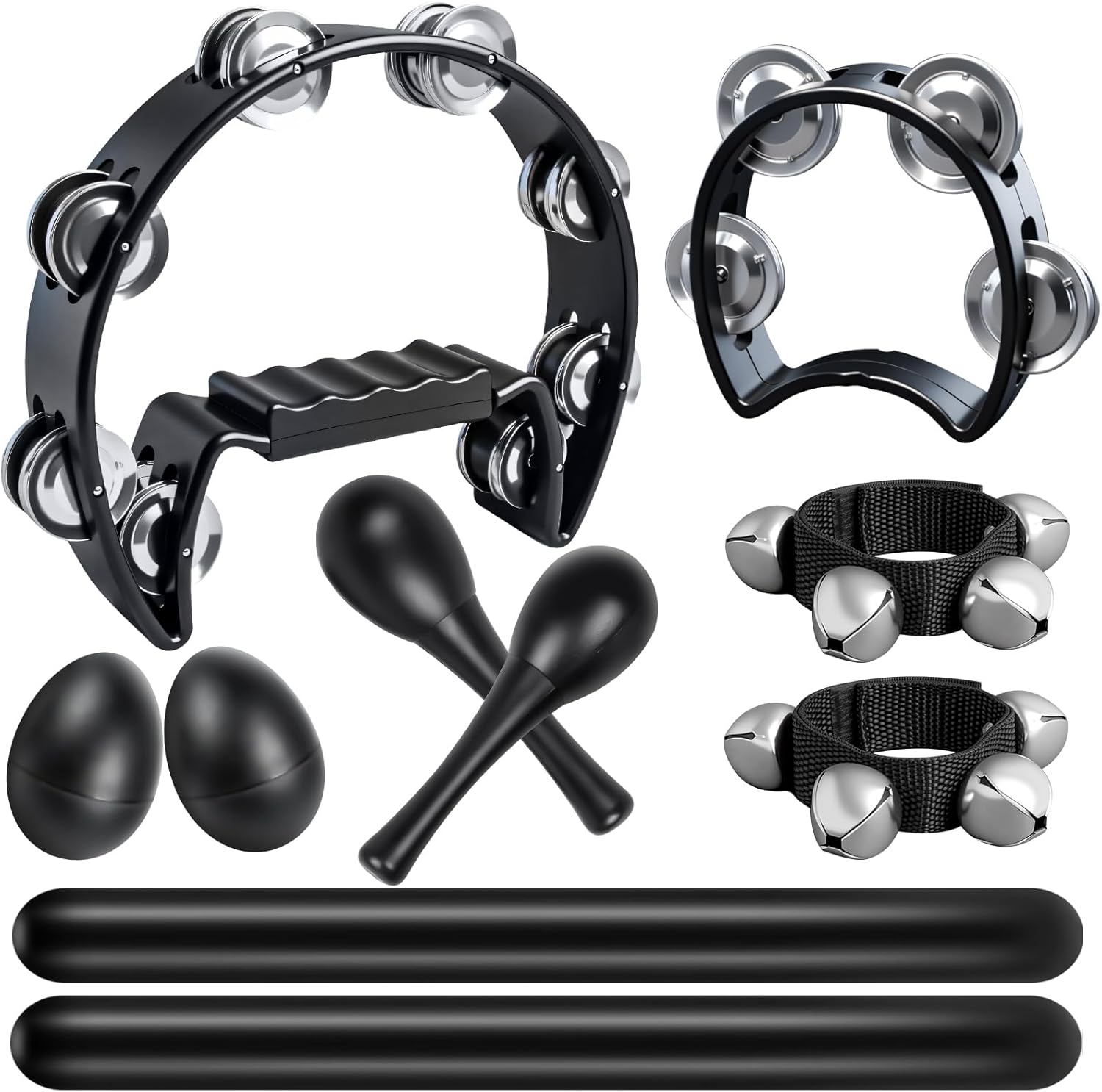 10 Pcs Instruments for Adults - Half Moon Tambourine, Wood Rhythm Sticks, Bells Tambourine, Wrist Bells, Egg Shakers, a Pair Maracas