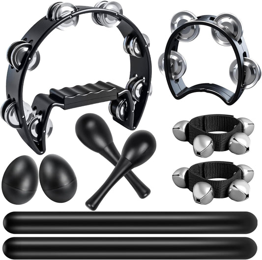 10 Pcs Instruments for Adults - Half Moon Tambourine, Wood Rhythm Sticks, Bells Tambourine, Wrist Bells, Egg Shakers, a Pair Maracas