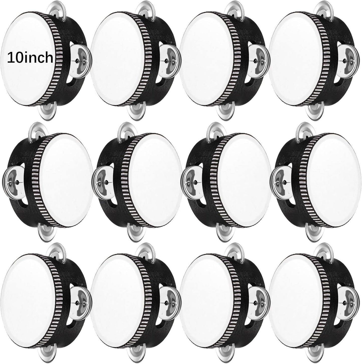 12 Pcs Tambourine Drum Bulk for Adults Hand Held Percussion 10 Inch Black