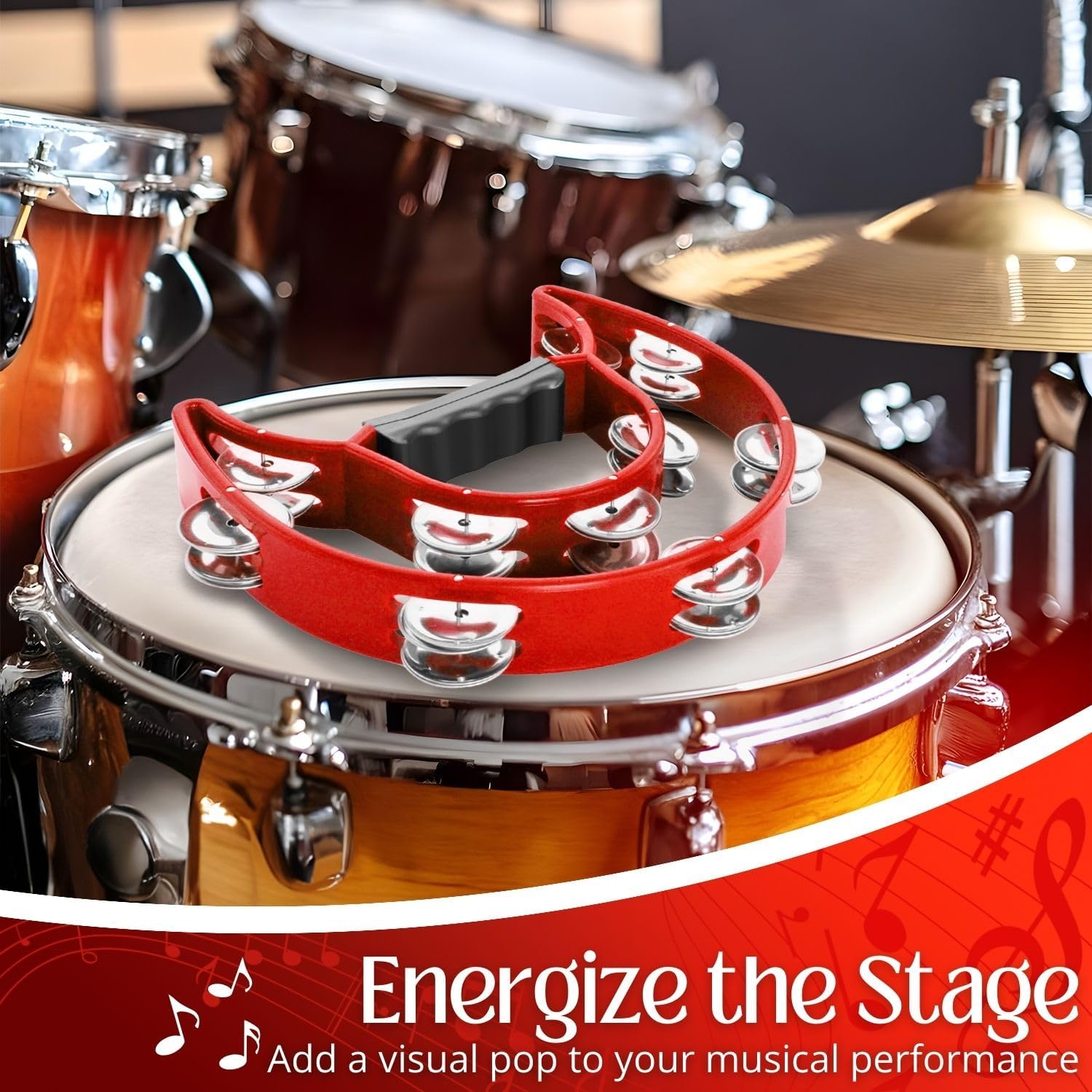 Flexzion Tambourine Metal Half Moon Musical Instruments Double Row Metal Jingles Hand Held Instruments Percussion with Ergonomic Handle Grip, Tambourines for Adults Church, Red