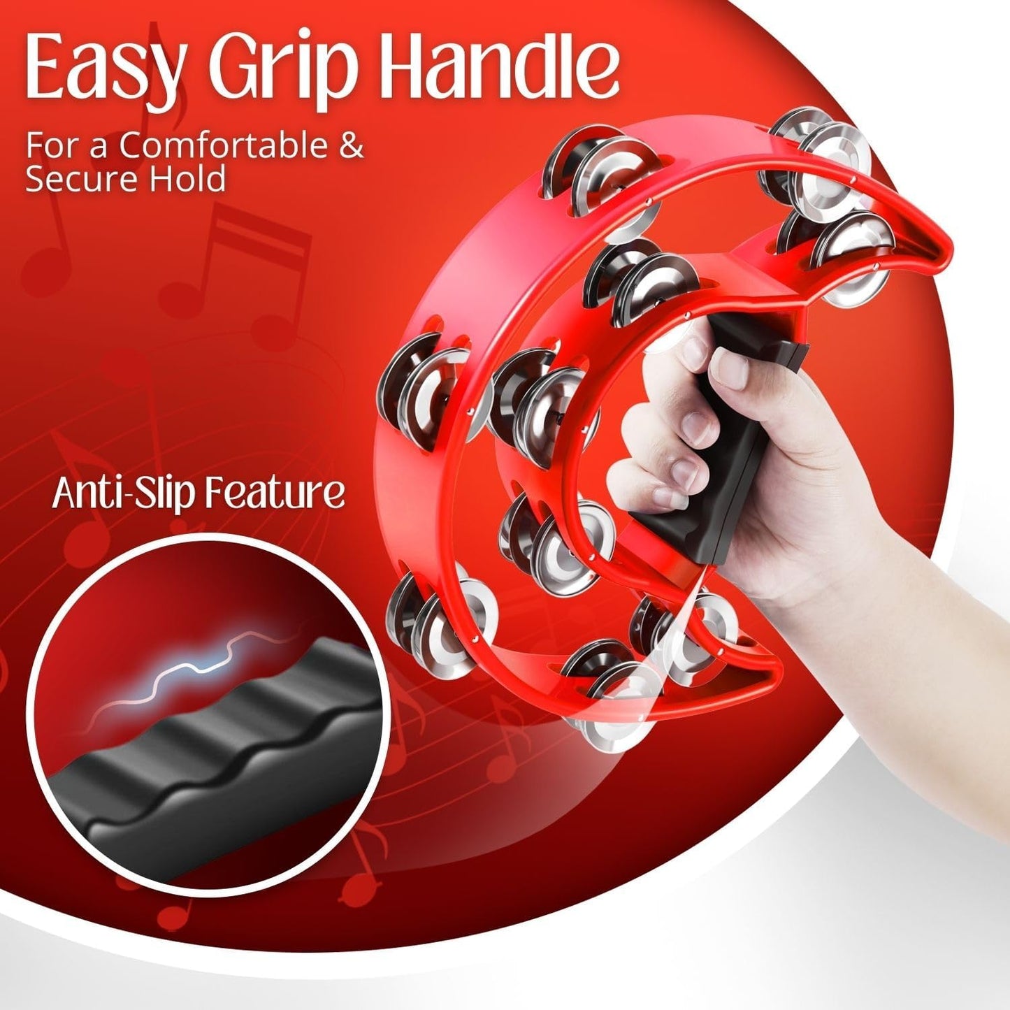 Flexzion Tambourine Metal Half Moon Musical Instruments Double Row Metal Jingles Hand Held Instruments Percussion with Ergonomic Handle Grip, Tambourines for Adults Church, Red