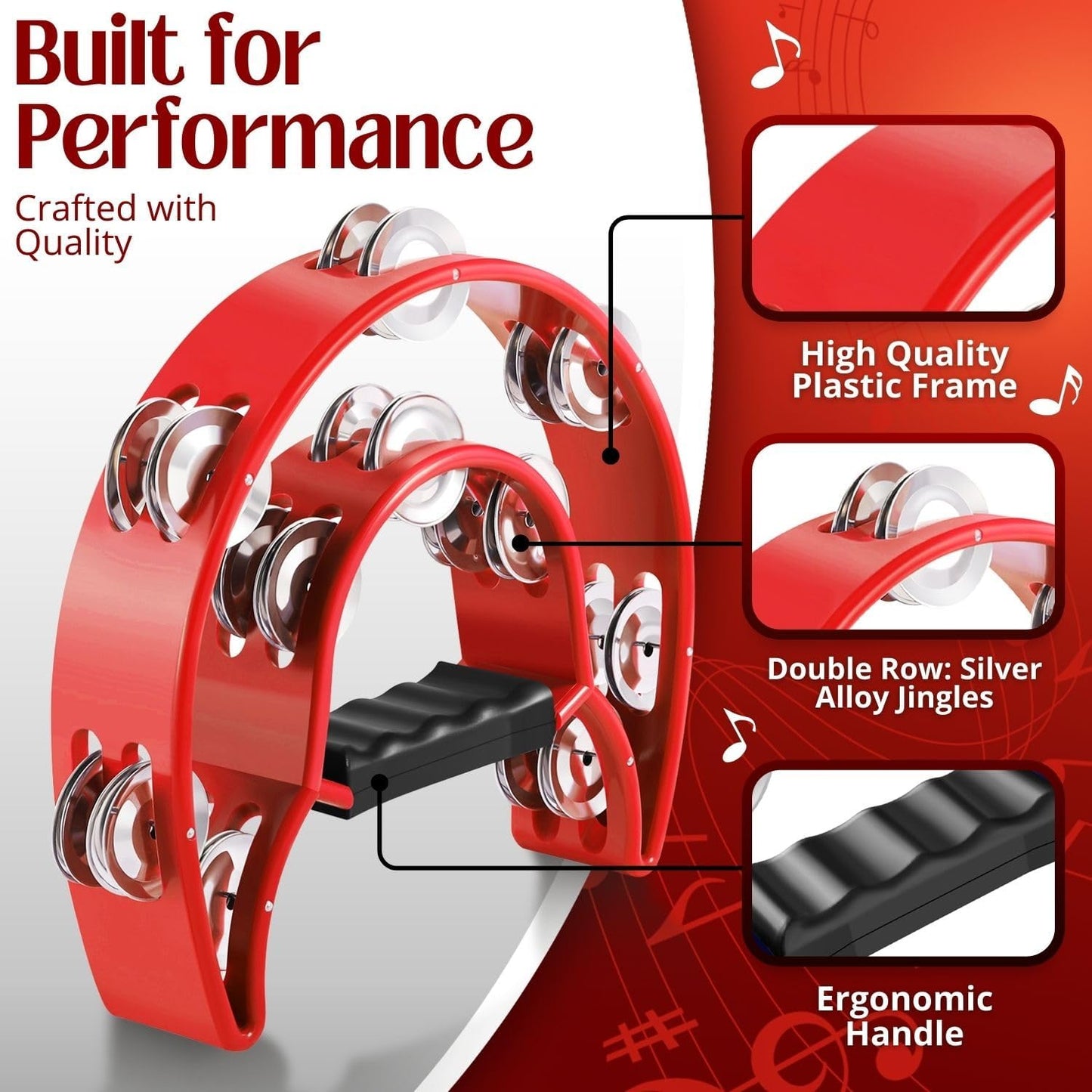 Flexzion Tambourine Metal Half Moon Musical Instruments Double Row Metal Jingles Hand Held Instruments Percussion with Ergonomic Handle Grip, Tambourines for Adults Church, Red