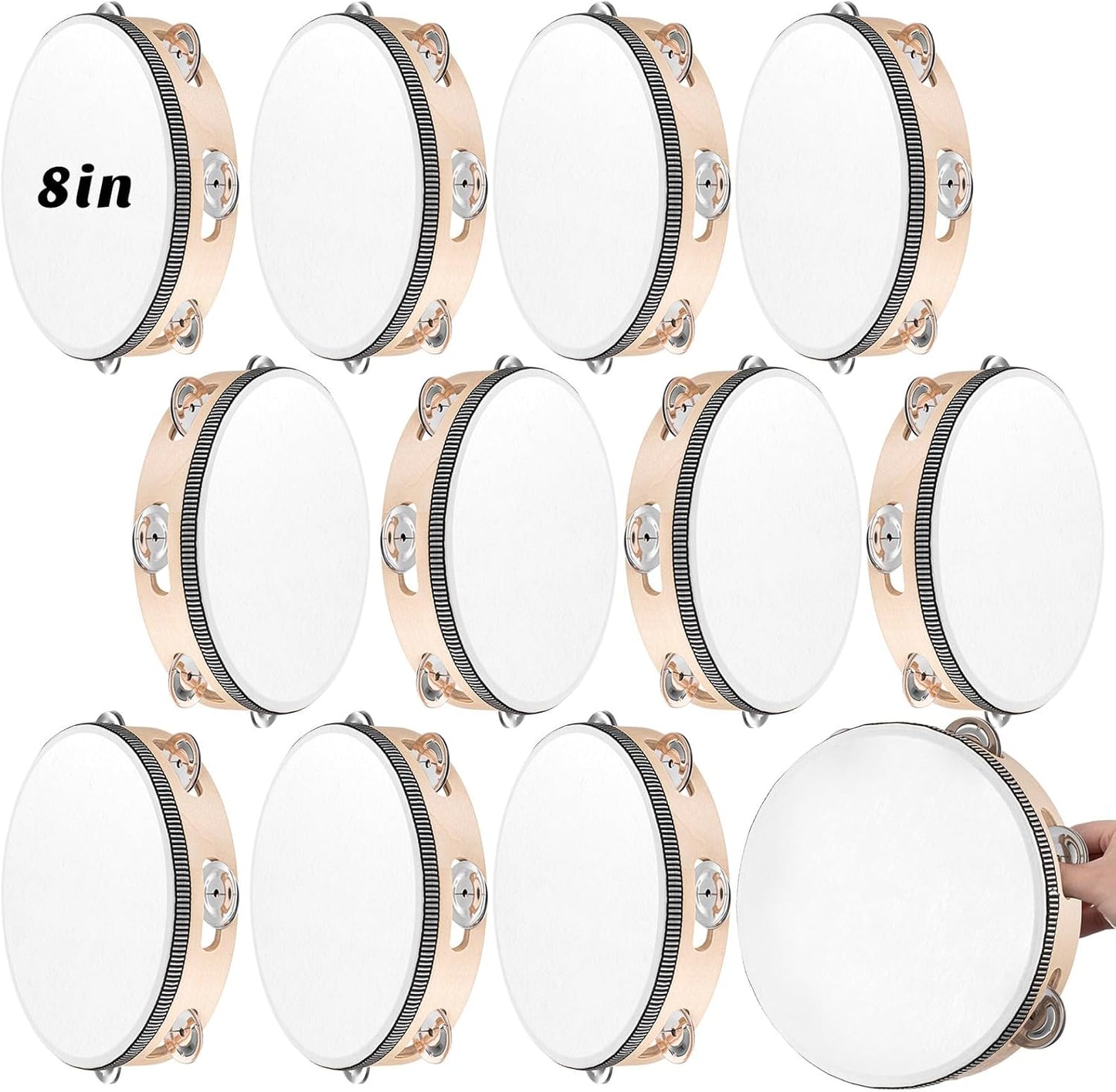 12 Pcs Tambourine Drum Bulk for Adults Hand Held Percussion 8 Inch White