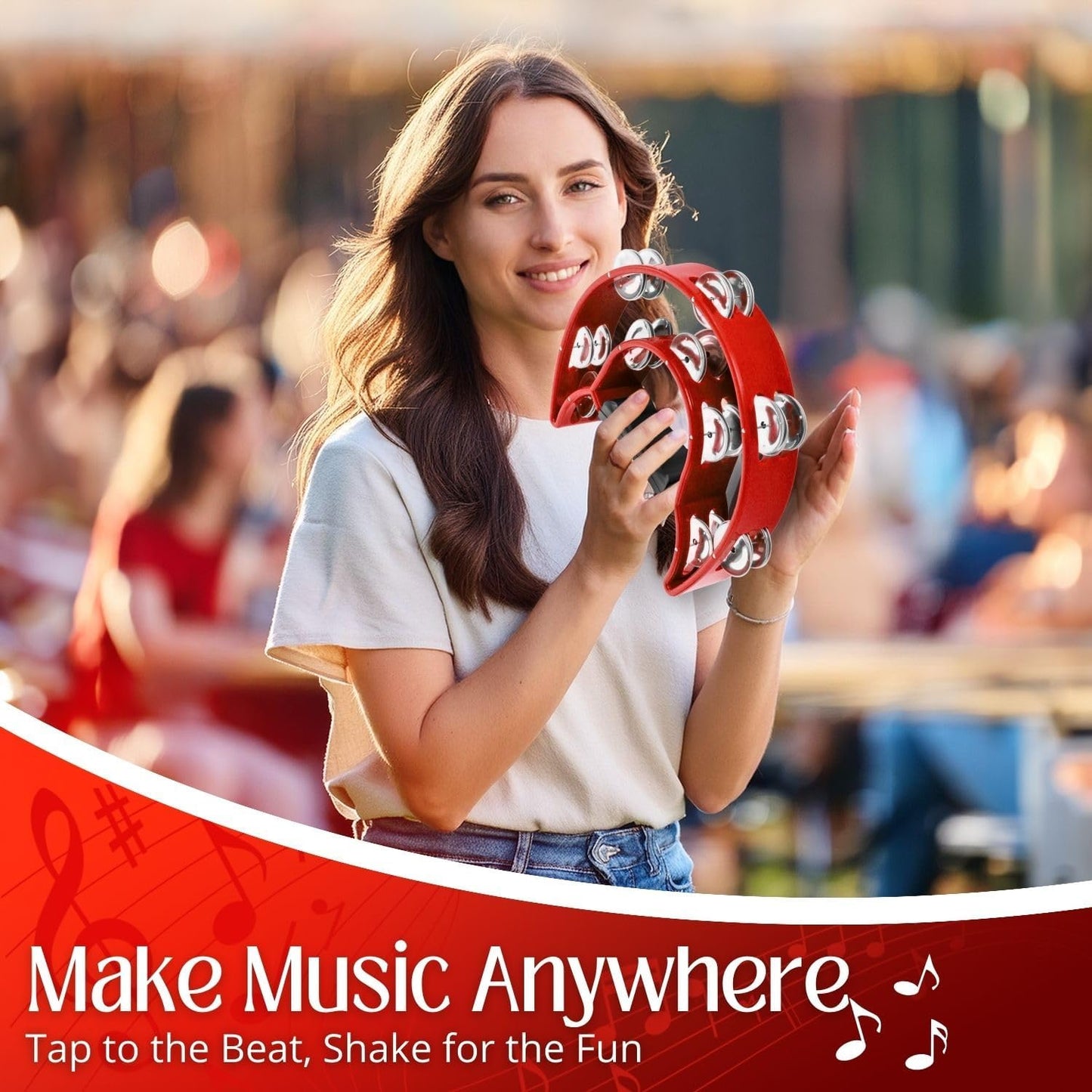 Flexzion Tambourine Metal Half Moon Musical Instruments Double Row Metal Jingles Hand Held Instruments Percussion with Ergonomic Handle Grip, Tambourines for Adults Church, Red