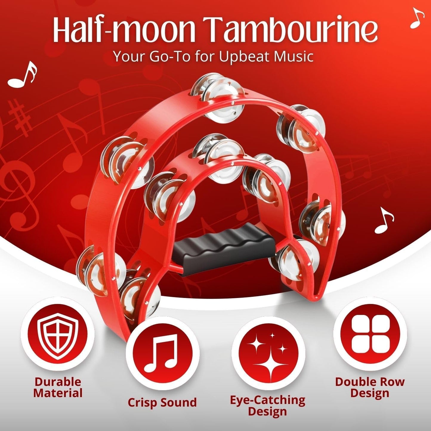 Flexzion Tambourine Metal Half Moon Musical Instruments Double Row Metal Jingles Hand Held Instruments Percussion with Ergonomic Handle Grip, Tambourines for Adults Church, Red
