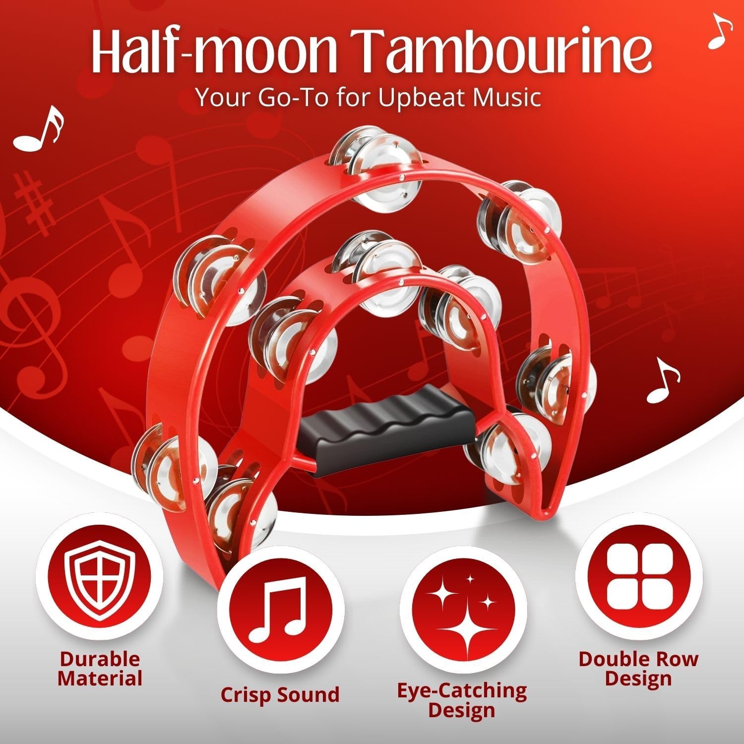 Flexzion Tambourine Metal Half Moon Musical Instruments Double Row Metal Jingles Hand Held Instruments Percussion with Ergonomic Handle Grip, Tambourines for Adults Church, Red