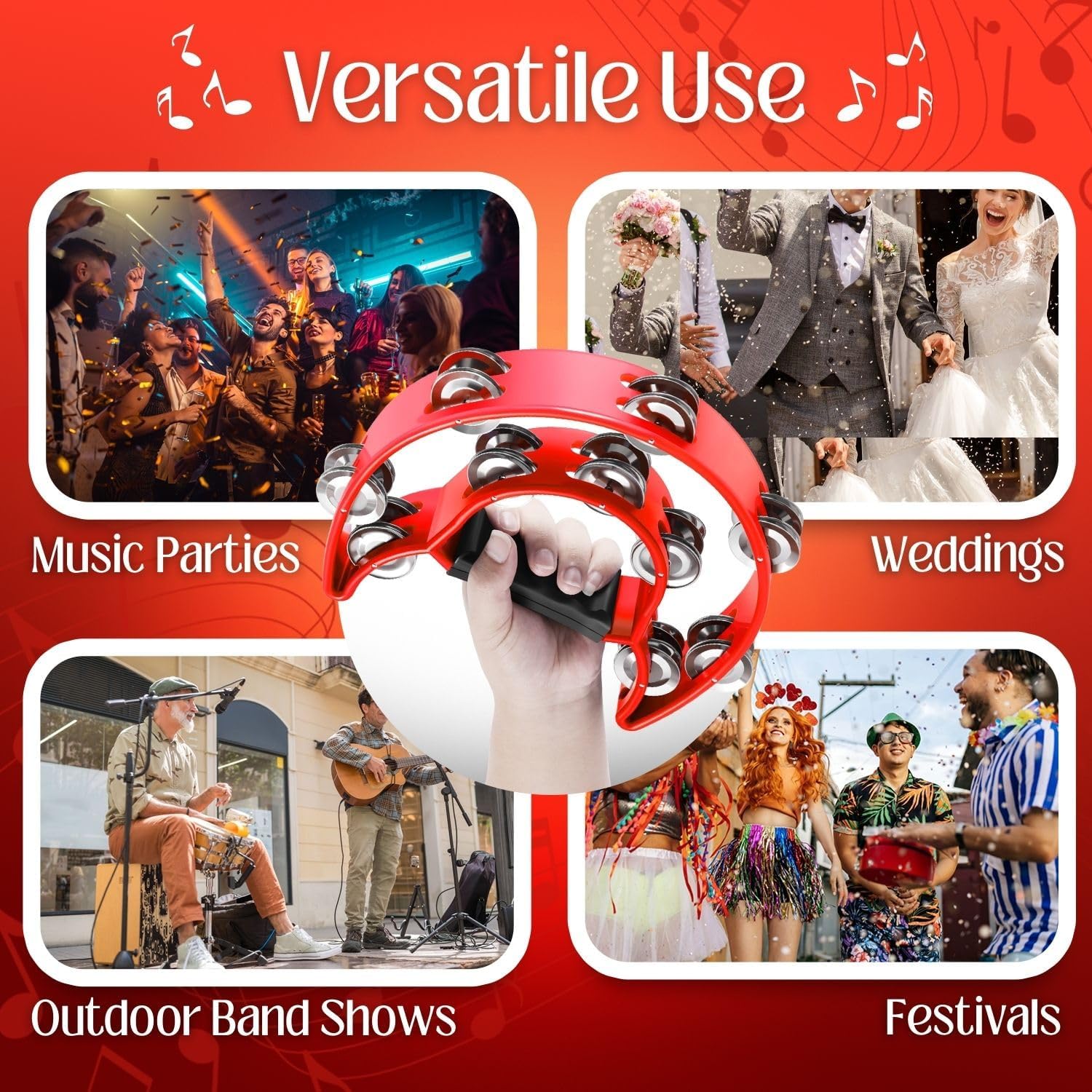 Flexzion Tambourine Metal Half Moon Musical Instruments Double Row Metal Jingles Hand Held Instruments Percussion with Ergonomic Handle Grip, Tambourines for Adults Church, Red